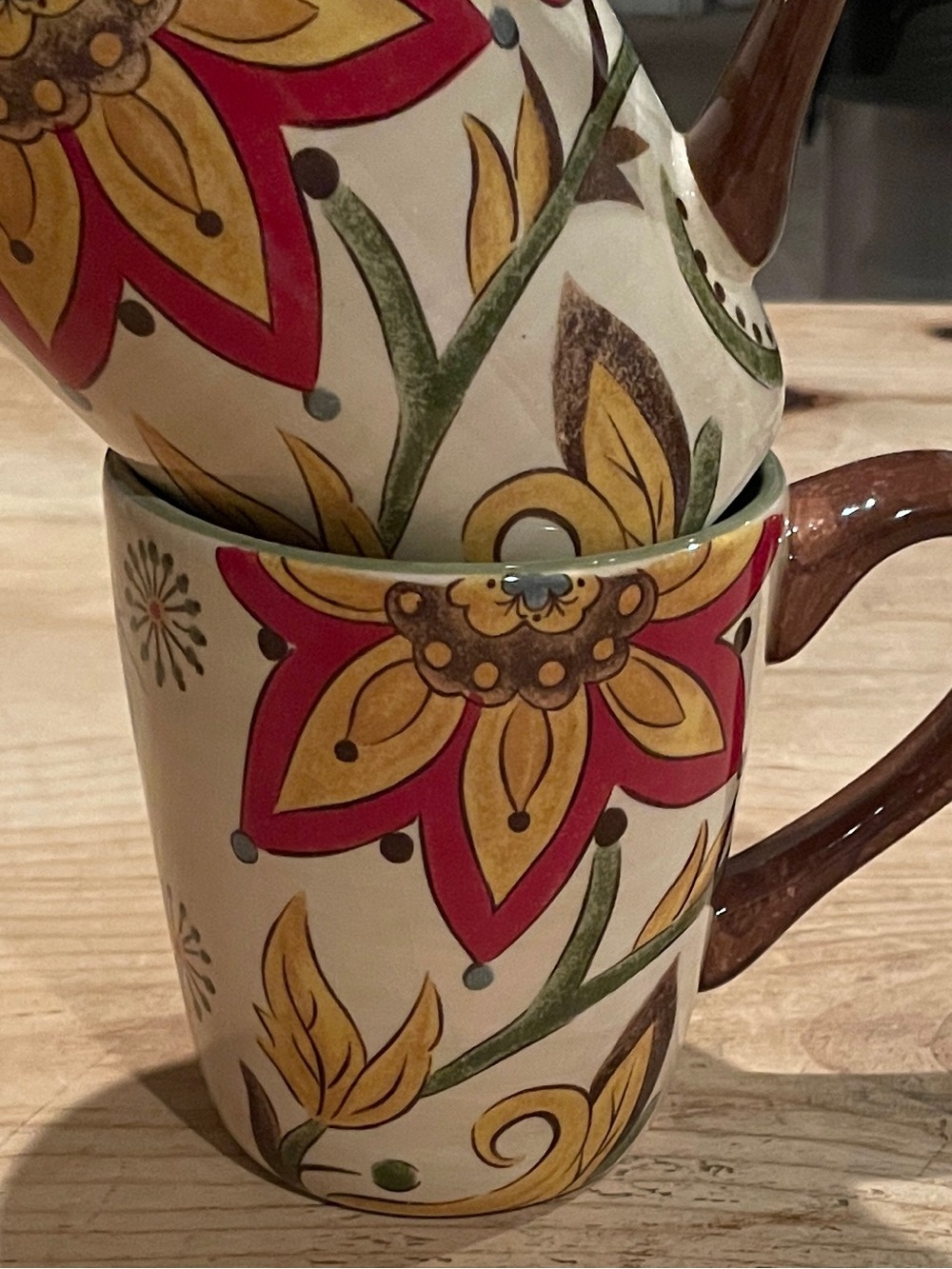 Pier 1 Carynthum Botanical Mugs (2) retired green interior brown handle 14oz